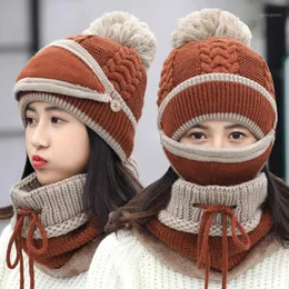 Beanie/Skull Caps Winter Women's Hat Scarf Mask Set Knitte Ear Protect Beanie Plush Warm Cap1