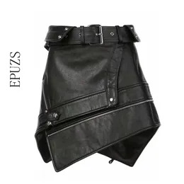 Seksowna Asymmetrry Futro Skórzane Spódnice Kobiet Zipper Punk Rock Pas Mini Spódnica Streetwear Black High Waist Spódnice 2019 Faldas Mujer Y200704