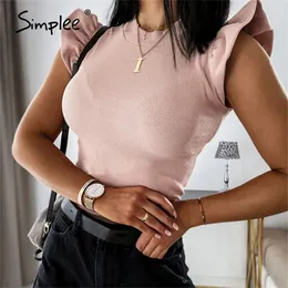 Simplee Casual Solid Top Shirt Frauen Elegante Rüschenhülse High Street Tops Hemd Sexy Slim O Neck Office Top Bluse Damen LJ200812