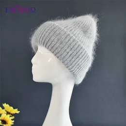 Enjoyfur Sıcak Angora Yün Şapka Kadınlar Için Yumuşak Kalın Kadın Kış Örme Kapaklar Moda Geniş Kelepçe Düz Rusya Kayak Marka Beanie 211229