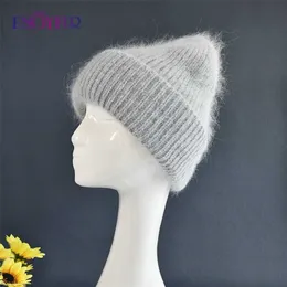 Enjoyfur Varma Angora ullhattar för kvinnor Mjuk Tjock Kvinna Vinter Stickade Kepsar Fashion Wide Cuffed Plain Ryssland Ski Brand Beanie 211229