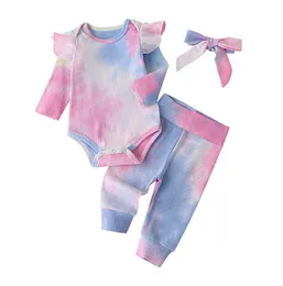 2020 New Ins Baby Tie Dye Clothing Set Kids Flare Sleeve Romper + Pants + Headbands 3Pcs/Set Boutique Pit Knitted Infants Outfits BY1608