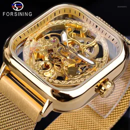 男性の機械式時計自動自己風黄金の透明なファッションメッシュスチールの腕時計スケルトン男性の男性の暑い時間1