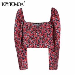 KPYTOMOA Women Fashion Floral Print Cropped Blouses Vintage V Neck Long Sleeve Back Elastic Female Shirts Chic Tops 220307