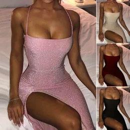 Glitter Pink Lace Up Open Back High Split Maxi Dress Fashion Summer Club Bodycon Woman Party Night