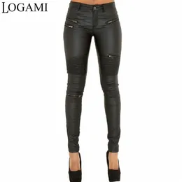 LOGAMI Faux Leather Pant Elastic Zipper Pants Trousers Leren Broeken 220226