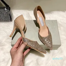 2021 high quality Designer Party Wedding Shoes Bride Women Ladies Sandals Fashion Sexy Dress Pointed Toe Heels Leather Glitter Size 35-4022
