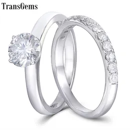 TransGems Solid 18K 14K White Gold Engagement Bridal Set Centro 1ct 6.5MM Eccellente F Color Ring Set per le donne Y200620