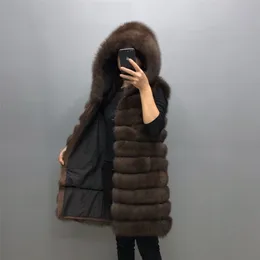 Real fur vest winter woman's hooded long fur vest Winter warm jacket vest Detachable hood Customizable large size 7XL 6XL 201212