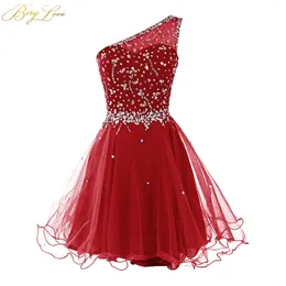 Berylove One Shoulder Homecoming Dress Dark Red Mini Crystals Beaded Tulle Short Girl Gown Prom Dress Mini Party Dress T200604