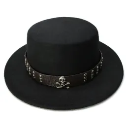 Lyckylianji Kvinnor Män Vintage 100% Ull bred Brim Topplock Pork Pie Pork-Pie Bowler Hat Skull Bead Läderband (57cm / Justera) Y200110