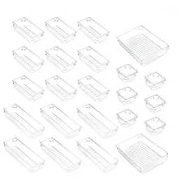Set Of 23 Desk Drawer Organiser Trays With 4-Size Clear Plastic Storage Boxes Divider Make-Up For Office Bags