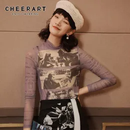 Chearart Long Sleeve MeshトップレディーススルーレタープリントTシャツ透明トップ紫グラ​​フィックTシャツファッション201125