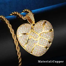 Iced Out Bling Cz Broken Heart Pendant Halsband med Rope Chain Collares för Män Kvinnor Hip Hop Smycken