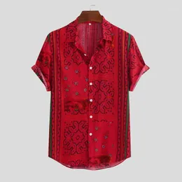 Feitong Camicia a Righe da Uomo Estate 2020 Bottoni Imbottiture Manica Corta Camicia Hawaiana Allentata Casual Stampato Rosso Blusas12084