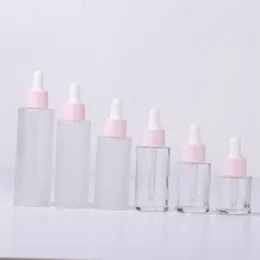 Empty Transparent Frosted Clear Flat Shoulder Glass Dropper Bottle With Pipette For Serum Essential Oil