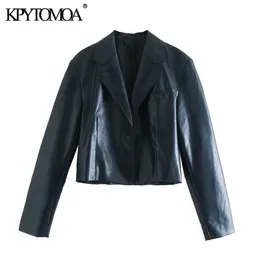 Kpytomoa النساء 2020 الأزياء فو الجلود اقتصاص سترات معطف خمر طويلة الأكمام المفاجئة زر الإناث قميص شيك القمم LJ201012