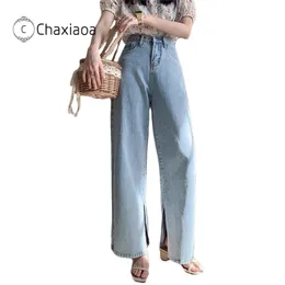 Chaxiaoa Outono Baggy Jeans Slit High Cintura Calças de Calça Das Mulheres Traight Blue Casual Loose Largno Perna Calça Streetwear Calças X213 201223