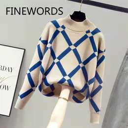 FINEWORDS Donna Geometrica Khaki Maglione lavorato a maglia Casual Pullover coreano Donna Autunno Inverno Retro Ponticelli Swetry Damskie 201222