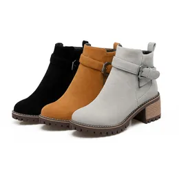 Hot Sale-2018 Plus Size 33-43 Platform Zip Up Woman Shoes Fashion Square Heels Buckle Black Gray Ankle Boots Western Boot Women