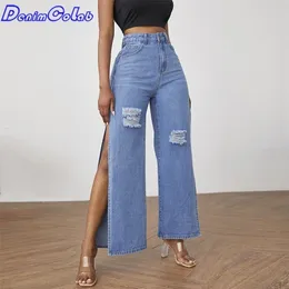 Denimcolab Fashion High Split Wide Leg Pant Casual Loose Hole Jeans Ladies Streetwear Ripped Trousers Denim Pants 220310