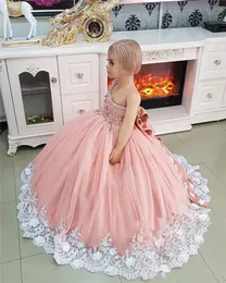 New Cheap Pink Cute Flower Girls Dresses For Weddings One Shoulder White Lace Crystal Beads Bow Birthday Children Girl Pageant Gowns