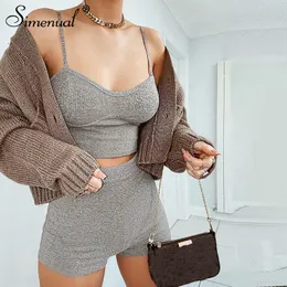 Simenual Casual Workout Desportivo Mulheres Correspondentes Conjuntos Ribbed Sólida Desgaste Ativo 2 Parte Outfits Sem Mangas Top e Shorts Co-Ofor Set T200607