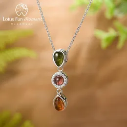 Lotus Fun Natural Tourmaline Cyrkon Geometryczne Długie Gemstones Naszyjnik Prawdziwe 925 Srebro Fine Jewelry Naszyjniki dla kobiet Q0531