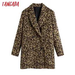 Tangada Frauen Herbst Winter Leopard Print Wollmantel Dicken Langen Ärmeln Tasche Damen Elegant Mantel BE343 201210