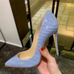 En iyi marka kadınlar sivri uçlu patent deri çizgiler stiletto topuk pompaları mavi kırmızı sarı slip-on 12cm yükseklikte topuklu elbise ayakkabıları