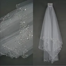 2021 Barato Bling em stock Luxo véu de casamento véu curto véu 2 camada de cristal frisado de cristal acessórios nupciais Veil marfim branco