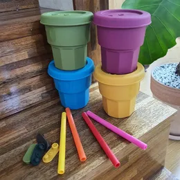400ml Silicone Coffee Cups with Lid Straw Colorful Kid Sippy Cups with Dust Cap Soft Playinum Silicone Water Bottles Portable Mugs GGD2275