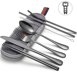 Sunhanny Dinnerware Set Travel Camping Cutlery Set Reusable Silverware with Metal Straw Spoon Fork Chopsticks and Portable Case T200430