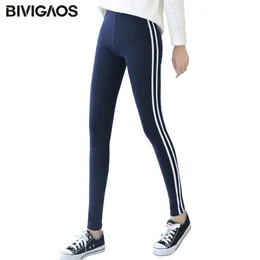 Bivigaos Womens Nova Leggings Casual Lado Branco Stripe Elastic Algodão Leggings Calças Mulheres Roupas Moda Legging Para As Mulheres 201202