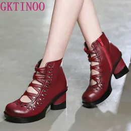 ربط عبر GKTINOO 2020 موضة جديدة الصنادل أحذية للنساء الجوف صنادل الصيف أحذية جلدية حقيقية عالية الكعب امرأة الصنادل 1010