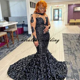 African Black Prom Dresses Mermaid Sparkly Sequins Lace Long Sleeves Evening Dress Sweep Train arabic dresses dubai Party Gowns