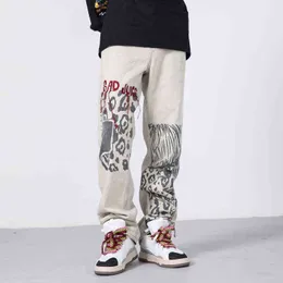 Houzhou Jean Kaki Peint Pour Homme Pantalon en Denim Punk Hip Hop Streetwear Japonais Broderie Rtro Vintage 0309