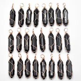 Gold Wire Natural Stone Black Rose Quartz Amethyst Charms Hexagonal Healing Reiki Point Turquoise Pendants for Jewelry Making