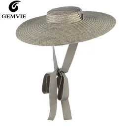 Gemvie 3 اللون واسعة بريم شقة الأعلى سترو القبعات الصيف القبعات للنساء الشريط شاطئ قبعة الشواء قبعة الشمس المألوف مع حزام الذقن Y200102 S