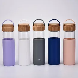 520ml Borosilicate Glass Water Bottles with Bamboo Lid 10 Colors Non-Slip Silicone Sleeve Sports Water Bottle by sea RRE12879