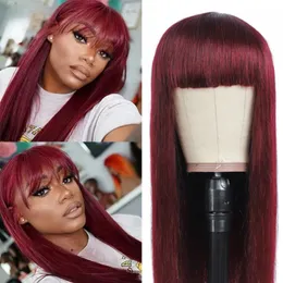 NO Lace Regular Wig 99J/Burgundy Brazilian Straight Human Hair Full Machine made Wig With Bangs Remy Hair Wigs For Black Women