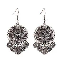 Retro Round Bollywood Womens Ethnic Earrings Silver Color Flower Afghan Drop Jhumka Indian Earrings Wedding Jewelry