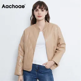 AACHOAE мода Argyle мягкая куртка женщины PU искусственной кожи с длинным рукавом пальто женские свободные повседневные дамы зимние куртки 210201