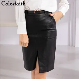 Colorfaith New 2019 Women PU Leather Skirt Autumn Winter Fashion Empire Straight Mini Skater Skirt Female Black With Belt SK6603 T200712