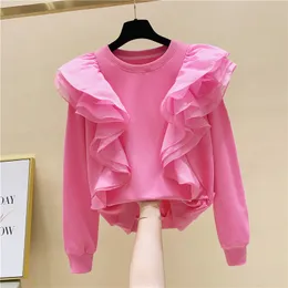 Ny design kvinnors rosa färg o-hals långärmad lös gasväv ruffles lapptäcke söt tröja pullover hoodies smlxl