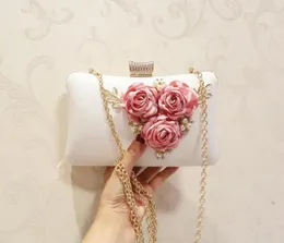 2022 White PU Flowers Rhinestones Evening Bag Wedding Purse Finger Ring Diamonds Chain Shoulder Handbags Crystal Evening Bag 02