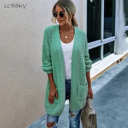 Long Sweater Cardigan Women Casual Long Sleeve Knitted Cardigans Tops Warm Autumn Winter Green Womans Clothes Fall Fashion 201123