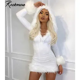 Rockmore Furry Z Długim Rękawem Z Kapturem Bodycon Mini Dresse White V Neck Fuzzy Dress Skinny Boże Narodzenie Party StreetWear Zima 211221