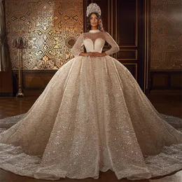 2021 Abiti da sposa di lusso Dubai Plus Size Pizzo con paillettes Cattedrale Abiti da sposa Personalizza manica lunga Vintage vestido de novia