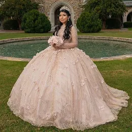 로즈 골드 긴 소매 공 가운 Quinceanera 드레스 수제 꽃 크리스탈 아플리케 파티 달콤한 15 16 드레스 QuinceAñera Anos